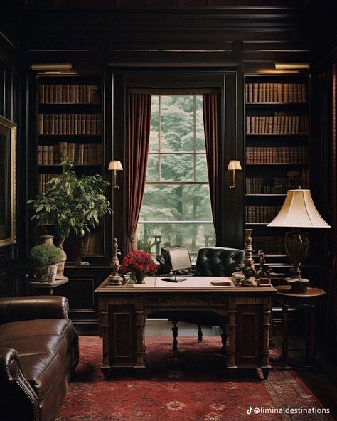 Vintage Modern Office Aesthetic, Dark Brown And Green Interior, Dark Wood Room Aesthetic, Dark Academia Aesthetic Office, Vintage Study Room, Moody Academia, Desk Vibes, Color In Interior Design, Victorian Study