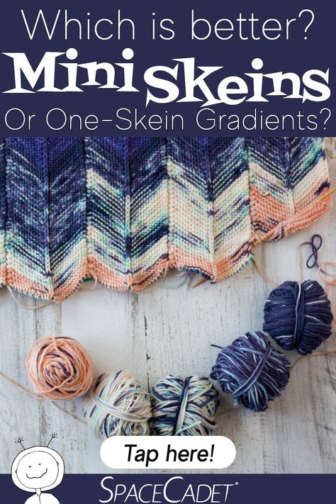 Which is better: gradient mini-skeins or one-skein gradient yarns? Here are the six reasons why I love Mini-Skeins way more than one-skein gradients: 1. With Gradient Mini-Skeins, You... Crochet Gradient Blanket, Gradient Yarn Knitting Patterns, Crochet Gradient, Gradient Yarn Crochet, Knit Chart, Knitting Colorwork, Gradient Shawl Knitting Pattern, Mitered Square, Gradient Yarns