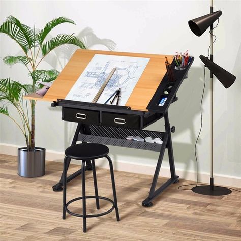 Adjustable Drawing Drafting Table P2 MDF Tiltable Borad Iron Frame with Stool Drawing Table Desk, Artist Table, Architects Desk, Drafting Drawing, Desk Stool, Drawing Desk, Drafting Table, Arts And Crafts Furniture, Drawing Table