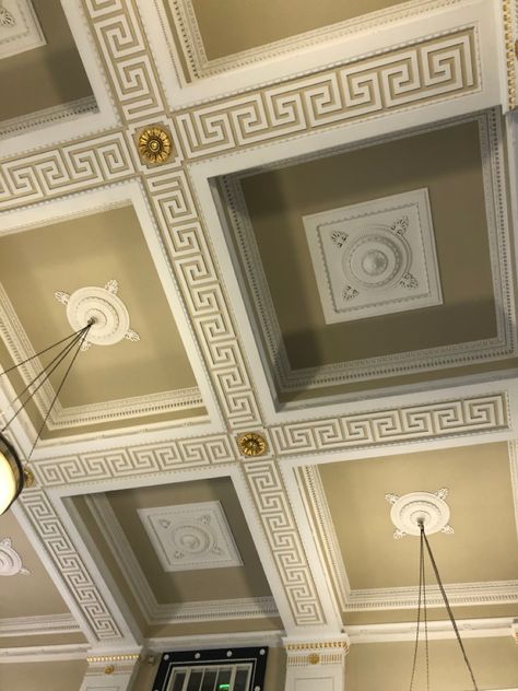 Greek Aesthetic Interior, Ancient Greek Interior Design, Greek Room Aesthetic, Neoclassical Ceiling, 5star Hotel, Greek Interior Design, Ornate Ceiling, Lobby Ideas, Future Inspiration