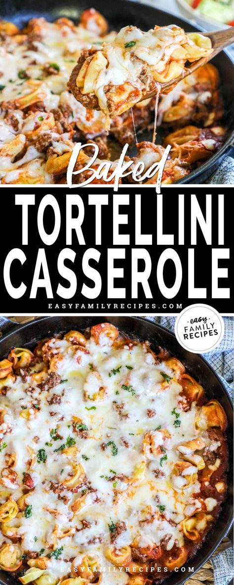 You are going to LOVE this Baked Tortellini Casserole! You only need 4 simple ingredients to make it, it's an easy dinner idea, and it's so quick to put together. Meaty marinara, cheesy tortellini, and lots of melted mozzarella make this a satisfying dish your whole family will love! Baked Tortellini Recipes, Baked Tortellini Casserole, Tortellini Casserole, Cheese Tortellini Recipes, Baked Tortellini, Cheesy Tortellini, Veggie Main Dishes, Tortellini Bake, Healthy Entrees