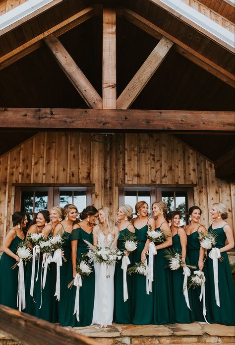 Emerald Color Wedding Theme, Pine Color Wedding Theme, Forest Green Black And Silver Wedding, Forest Green And Gold Bridesmaid Dresses, Emerald Green Woodsy Wedding, Emerald Green And Grey Wedding Theme, Boho Wedding Emerald Green, Dark Green Country Wedding, Birdy Grey Emerald Green