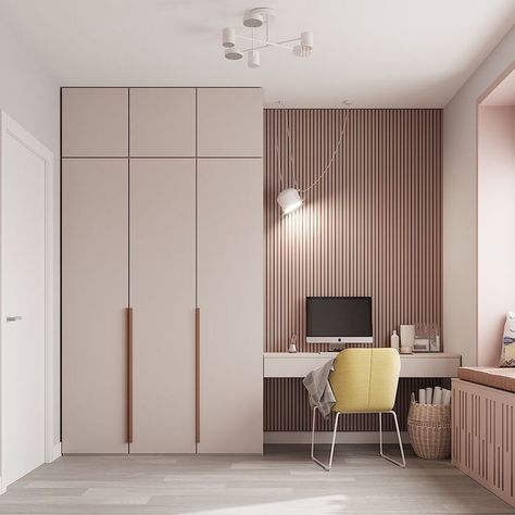 Kids Wardrobe With Desk, Pastel Colour Wardrobe Design, Build In Cabinet Bedroom, Desk Between Wardrobes, Fitted Wardrobe With Desk, Bedroom And Wardrobe Ideas, Wall To Wall Wardrobe, Wardrobe With Study Table Design, Wardrobe With Desk