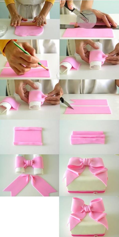 How to make a bow Fondant Bow Tutorial, Fondant Bows, Kue Fondant, Tårta Design, Baby Shower Cake Designs, Fondant Techniques, Cakes To Make, Fondant Bow, Torte Cupcake