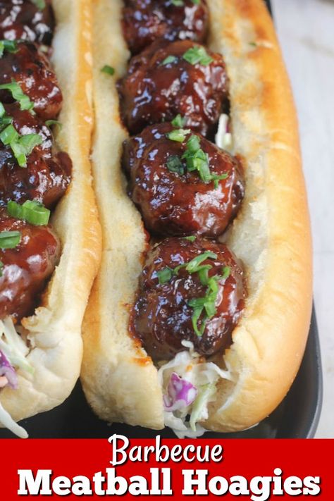 These Easy Barbecue Meatball Hoagies on Martins Hoagie Rolls - Perfect weeknight dinner! #meatballs #hoagies #sandwiches Meatballs Barbecue, Meatball Hoagies, Simple Sliders, Elote Dip Recipe, Meatball Hoagie, Hoagie Sandwiches, Family Cookout, Barbecue Meatballs, Meatball Sandwich