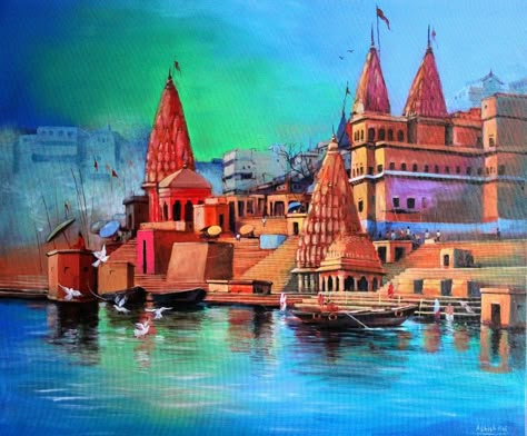 Acrylic on canvas Landscape Rangoli, 2000 Wallpaper, Art Competition Ideas, Art Tutorials Watercolor, Temple Art, Art Competitions, Indian Art Paintings, Art Brushes, Art Inspiration Painting