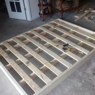 How To Make A Box Spring For Bed, Build Box Spring, Bed Base Ideas Diy, King Bed Frame No Box Spring, Simple Wood Platform Bed Frame, Diy Slats For Queen Bed, Diy Boxspring Bed Frame, Low Profile Bed Frame Diy, Diy Low Profile Bed Frame