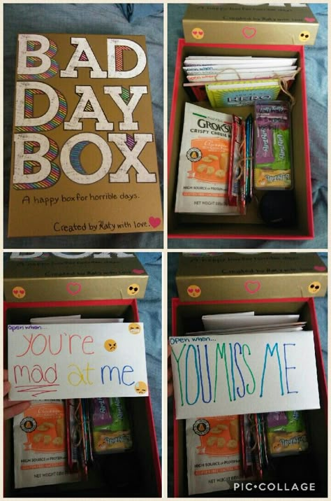 Bad Day Box!! Perfect gift for your boyfriend/girlfriend/etc. whether you live far away or together. Add their favorite snacks and knick knacks for a thoughtful, one-of-a-kind gift :) Bad Day Box, Diy Gifts For Christmas, Gift For Your Boyfriend, Personal Gifts, Bf Gifts, Relationship Gifts, Gifts For Boyfriend, Diy Gifts For Boyfriend