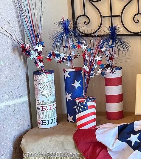 Easy DIY Firework Decor | Hometalk Firework Decor, Diy Fireworks Decoration, Fireworks Centerpiece, Patriotic Decorations Diy, Firework Stands, Patriotic Centerpieces, Fourth Of July Decorations, Diy Table Decor, Patriotic Decor