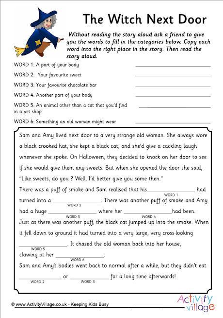 Fill In The Blanks Story Worksheets Fill In The Blank Story, Fill In The Blanks Story, Draw A Witch, Witch Printables, Activity Village, Halloween Writing, Halloween Worksheets, Halloween Stories, Halloween Classroom