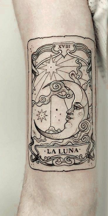 La Luna Tarot Card Tattoo, Loteria Tattoo, Pisces Tattoo Designs, P Tattoo, Tarot Tattoo, Tarot Card Tattoo, Card Tattoo Designs, The Moon Tarot Card, Small Tats