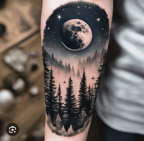 Super Moon Tattoo, Night Scene Tattoo, Night Sky Tattoo, Lights Tattoo, Night Sky Tattoos, Reflection Tattoo, Northern Lights Tattoo, Ocean Wave Tattoo, Tree Silhouette Tattoo