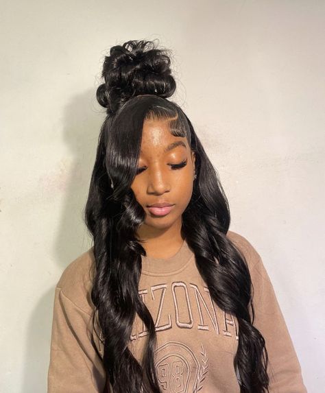 Half Up Half Down Wig With Bangs, Hairstyles For December, Layers Quick Weave, Quick Weave Updo, Hair Styles Side Part, Weave Updo Hairstyles, Lace Front Wigs Styles, Weave Updo, Hairstyles Curtain Bangs