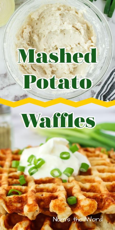 Mashed Potato Waffles, Potato Waffle Recipe, Cheddar Mashed Potatoes, Waffle Iron Recipes, Cheese Mashed Potatoes, Potato Waffles, Waffle Maker Recipes, Savory Waffles, Leftover Mashed Potatoes