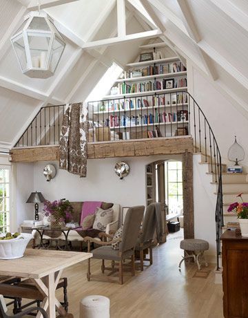 I have seen this image around a lot but I can't remember where I originally found it; in any case, I love the loft library here. Reading Loft, Boho Hairstyle, White Loft, Eclectic Living Room, Loft Living, Rustic Cottage, Design Del Prodotto, A Living Room, Home Library