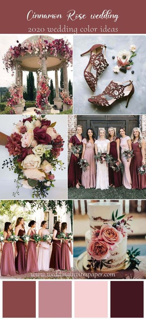 Mauve And Wine Red Wedding, Wine Color Pallet Wedding, Burgundy And Cinnamon Rose Wedding, Cinnamon Rose And Dusty Rose Wedding, Cinnamon Rose Palette, Cinnamon Rose Wedding Color Scheme Flowers, Mauve And Wine Wedding Colors, Cinnamon Pink Wedding, Muted Pink Color Palette Wedding