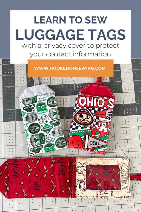 Learn to sew fabric luggage tags with this tutorial and pattern from Hooked on Sewing. Diy Luggage Tag, Fabric Luggage Tags, Diy Luggage Tags, Kids Luggage Tags, Luggage Tags Diy, Holiday Hand Towels, Diy Luggage, Fabric Purses, Sewing Projects For Kids