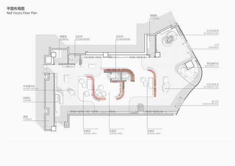 Gallery of Red Vicutu Concept Store Design / AntiStatics Architecture - 28 Boutique Floor Plan Store Layout, Retail Store Design Layout, Boutique Floor Plan, Store Plan, Office Floor Plan, Retail Architecture, Store Layout, Showroom Interior Design, Shop Layout