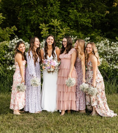 The bridal party of my dreams🤌🏼🤌🏼 Kate let her girls pick their own dresses and they absolutely NAILED it!! I love seeing such unique colors and dresses! ✨ Odd Number Bridal Party, Bella Smith, Girls Pick, Indiana Wedding, Bridal Party Photos, She Girl, Nailed It, And Dresses, Party Photos