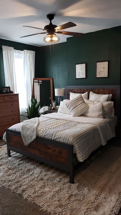 Dark Olive Green Bedroom Ideas, Forest Green Decor Bedroom, Curtains Green Bedroom, Teal Boho Bedroom Ideas, Bedroom Covers Bedding, Library Bedroom Master Suite, Dark Green Boho Bedroom Aesthetic, Moody Contemporary Bedroom, Earthy Contemporary Home