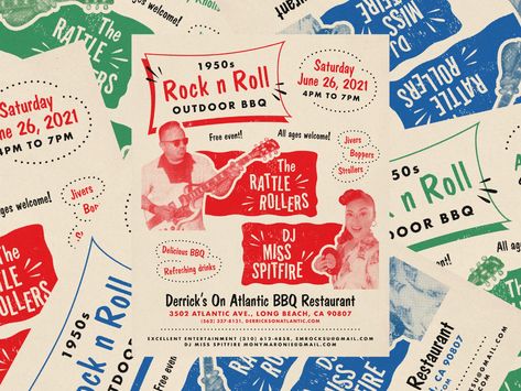 1950s Style Gigposter by Urban Zotel on Dribbble 1950 Graphic Design, Restaurant Graphic Design, Retro Restaurant, 1950s Rock And Roll, Retro Elements, My Three Sons, 1950s Retro, Bbq Restaurant, 1950s Style