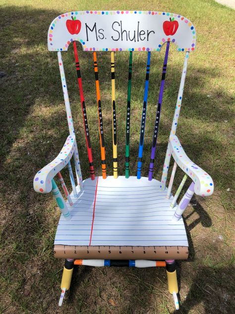 Classroom Chair Ideas, Pencil Rocking Chair, Teacher Chairs For Classroom, Rocking Chair For Classroom, Rocking Chair Classroom, Classroom Rocking Chair Diy, Diy Teacher Chair, Teacher Rocking Chairs For Classroom, Painted Rocking Chair Ideas