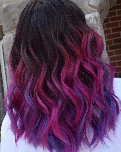 Brown Purple Pink Ombre Hair, Cute Hair Colors For Short Hair Highlights, Vivid Balayage Brunette, Brown Magenta Hair, Colorful Bayalage Hair, Pink Vivid Hair, Vibrant Hair Color Ideas Brunettes, Pink And Purple Highlights In Brown Hair, Bright Color Highlights In Brown Hair