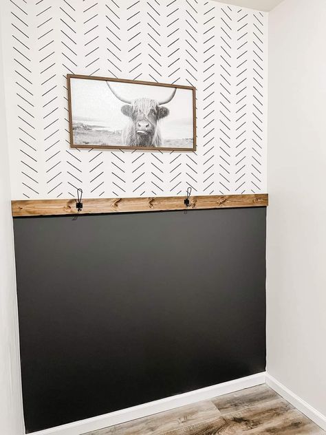 Half Black Wall Bathroom, Black Walls With Accent Wall, Black Painted Doors And Trim, Board And Batten Black And White, Accent Foyer Wall Entryway, Black And White Rustic Decor, Half Black Accent Wall, Small Entryway Colors, Mudroom Bathroom Ideas