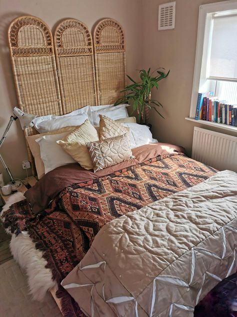 Boho Bedroom Boho Rattan Headboard, Room Divider Behind Bed, Bedroom With Room Divider, Room Divider Headboard Ideas, Divider As Headboard, Room Divider As Headboard, Boho Room Divider, Divider Headboard, Beer Cap Table