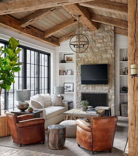 Inside a rugged yet refined contemporary farmhouse in the Chicago suburbs Stone And Wood, Property Design, Contemporary Farmhouse, A Living Room, Interior Design Firms, Decoration Design, Modern Rustic, Luxury Interior, Great Rooms