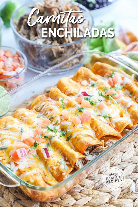 Carnita Meat Recipes, Mexican Food Pork Recipes, Carnita Enchilada Recipe, Creamy Pulled Pork Enchiladas, Carnitas Meat Recipes, Recipes With Pork Carnitas Meat, Carnita Enchilada Casserole, Left Over Carnita Recipe, What To Make With Carnitas Meat