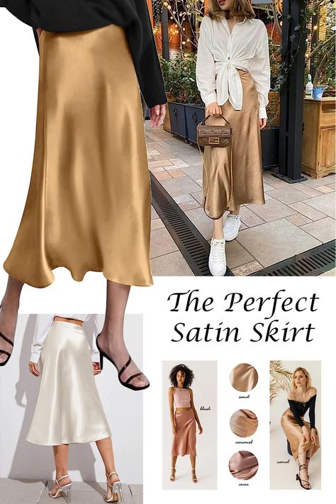 I absolutely LOVE this beautiful satin skirt! Perfect to wear in the summer with your favorite sandals or sneakers or in the fall with a nice sweater or layers on top. It comes in a variety of colors and patterns. Get a few variations to wear as a base for your outfits! As an Amazon Associate I earn from qualifying purchases. The skirt is machine washable, which it super convenient. Fits as expected and has a little bit of stretch because the material is 5% spandex. Gold Satin Skirt Outfit Summer, Bronze Skirt Outfit, Long Gold Skirt Outfit, Champagne Skirt Outfit, Gold Satin Skirt Outfit, Satin Skirt Outfit Casual, Gold Skirt Outfit, Long Gold Skirt, Satin Skirt Outfit Summer