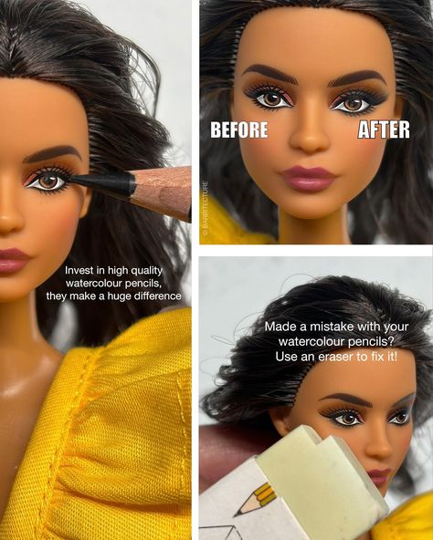 💛 Who’s She⁉️ • Meet Charvi, aka Diwali Barbie! ✨ SAVE FOR LATER - LOTS of tips/info 🙌🏽 ✨ #barbitecturetips ▹ Pls swipe 📸 #behindthescenes views Joining @thedollhouzz #thedollhousemakeovermondays - late! 😅🤩 Here’s what I did for Charvi’s mini makeover: ▲ Rebodied: she’s rocking a Soccer Player FCX82 Made to Move body ▲ Restyled: hair [boiling hot water, wide tooth brush, comb (optional), human hair gel (😅) & finger styling] ▲ Removed: bindi [used 100% acetone & cotton bud/Q-tip - Charv... Barbie Doll Face, Barbie Makeover, Barbie Repaint, Build Your Confidence, Smokey Eyeshadow, Eyeliner Eyeshadow, Nice Lips, Barbie Diorama, Barbie Hair