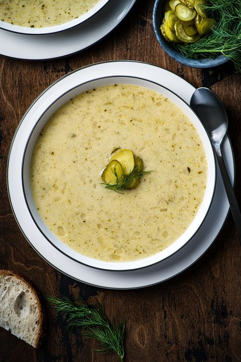 Dill Pickle Soup (Slow Cooker Recipe) — Mushrooms & Thyme Dill Soup Recipe, Pickle Juice Recipe, Dill Pickle Soup, Soup Slow Cooker, Pickle Soup, Creamy Potatoes, Slow Cooker Potato Soup, Slow Cooker Potatoes, Pickle Lover