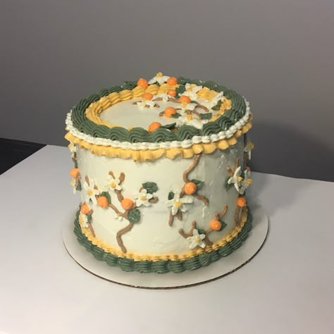 Vintage Fall Cake, October Cakes Birthday, October Cake, Fall Vintage Cake, Cottagecore Bday Cake, Autumnal Birthday Cake, Autumn Cake Decorating, Autumn Decorated Cakes, Orange Vintage Cake