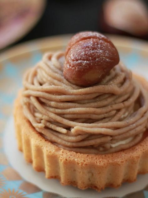 The Japanese Mont Blanc cake is an autumn delight, showcasing a soft sponge cake topped with delicate strands of chestnut cream, inspired by the snowy peak of Mont Blanc. This light, less-sweet version highlights a nutty chestnut flavor with whipped cream and is elegantly topped with a whole chestnut—a perfect seasonal treat to impress guests. Chestnut Recipes Desserts, Roasted Chestnuts Recipes, Mont Blanc Cake, Soft Sponge Cake, Chestnut Recipes, Chestnut Cream, Cream Cake Recipe, Sponge Cakes, Elegant Presentation