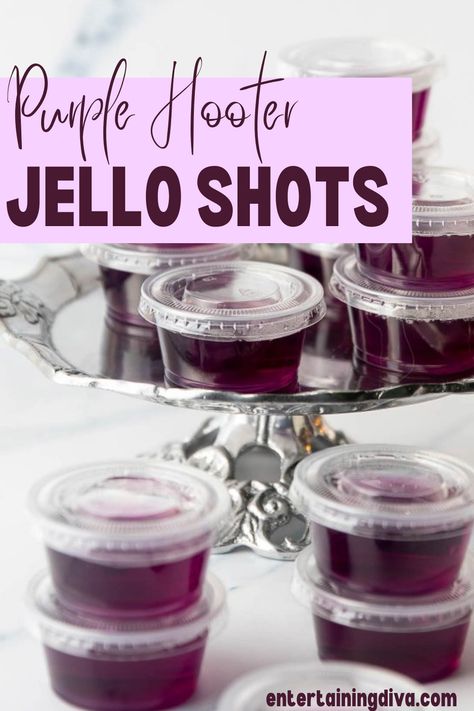 You're going to love these delicious purple hooter jello shots recipe that is perfect for any crowd and a great addition to your next Halloween or football party. Made with grape Jello, lime juice, Vodka and raspberry liqueur, everyone loves them! Bachelorette Jello Shots, Grape Jello Shots, Summer Jello Shots, Making Jello Shots, Best Jello Shots, Jello Shots Recipe, Jello Shot Cups, Halloween Jello Shots, Halloween Jello