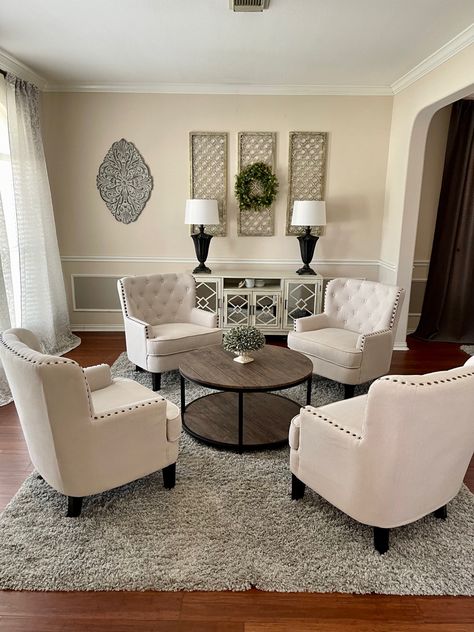 Den Sitting Room Ideas, Sitting Area In Dining Room Small Spaces, Seating Area In Living Room 4 Chairs, Conversation Chairs Living Room, Farmhouse Seating Area, Sitting Room Ideas Small Simple, Entryways That Open Into Living Room, Front Entrance Sitting Area, Parlor Room Ideas Modern