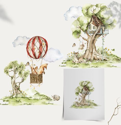 Watercolor Tree Nursery, Woodland Tree Illustration, Treehouse Watercolor, Mouse Tree House Illustration, Animals In Hot Air Balloon Illustration, Floral Watercolor Background, Forest Illustration, Watercolor Images, Graphic Wallpaper