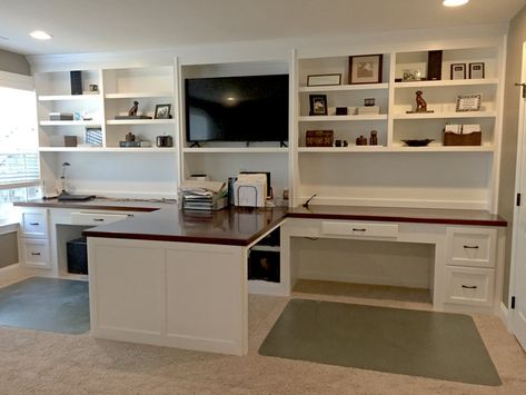 Custom Desks - Custom Home & Office Desks - Wake Forest — Woodmaster Custom Cabinets - Custom Cabinets & Interior Trim Double Desk Home Office, Basement Office, Office Remodel, Office Crafts, Craft Rooms, Craft Room Office, Garage Ideas, Built In Desk, Modern Home Office