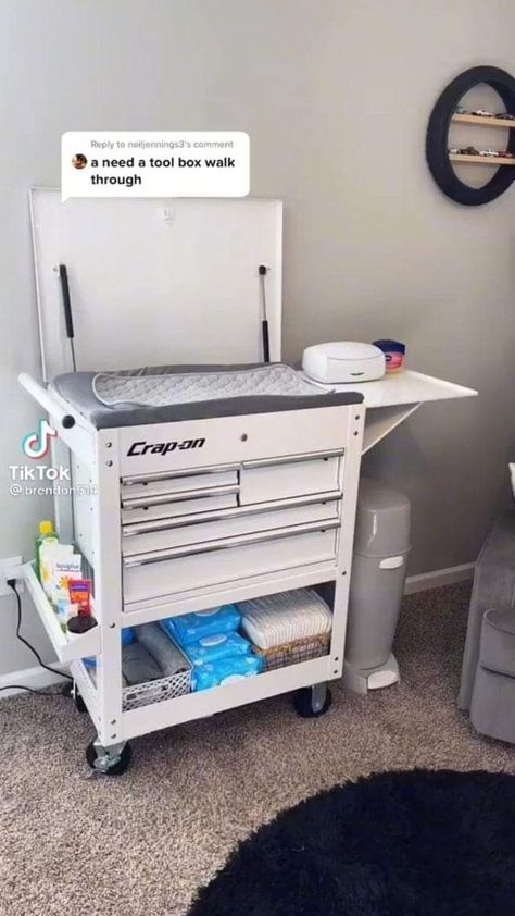 Tool Box Changing Table Boy Rooms, Boy Changing Table, Baby Mechanic, Boy Nursery Cars, Baby Changing Station, Baby Changing Table, Baby Room Themes, Cars Room, Baby Room Inspiration