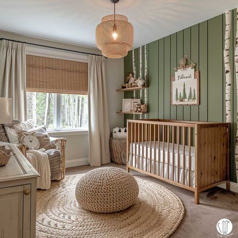 Simple Woodland Nursery, Green And Cream Nursery, Green Neutral Nursery, Boy Nursery Ideas Green, Nursery Earth Tones, Relaxing Nursery, Green And White Nursery, Baby Boy Nursery Green, Blue Green Nursery