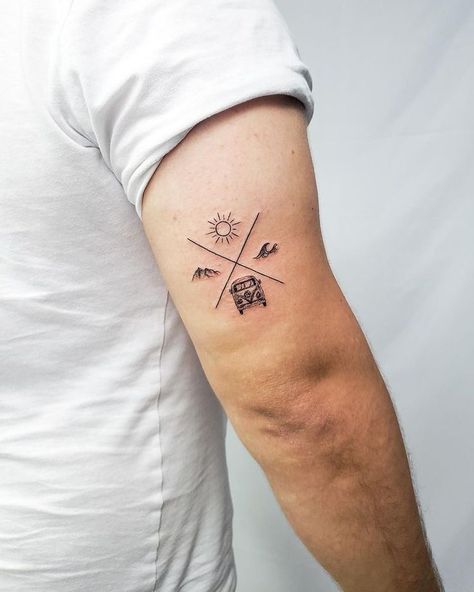 50 Best Small Travel Tattoos Ideas That Will Inspire Inner Wanderers | Aesthetic Travel Tattoos Ideas Polaroid Beach Tattoo, Mountains And Beaches Tattoo, Compass Mountain Tattoo Design, Men’s Travel Tattoos, Traveling Tattoos Men, Uhtred Tattoo, Traveler Tattoo Men, Mens Beach Tattoo, Beach Tattoo Ideas Men