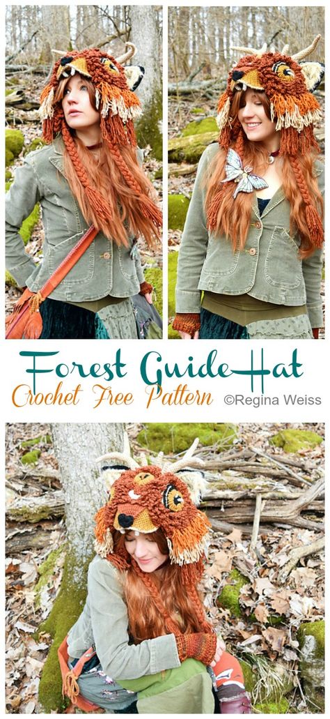 Crochet Wolf Hat Pattern, Witchy Hat Crochet Pattern, Hobbit Crochet Patterns Free, Crochet Witch Costume, Crochet Fantasy Hat, Larp Crochet Patterns, Fae Crochet Pattern, Goblincore Crochet Patterns Free, Crochet Cosplay Pattern