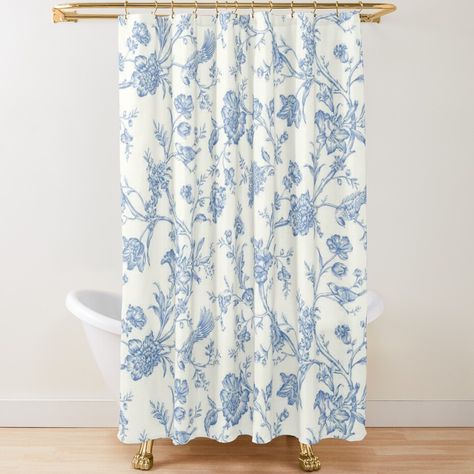 Extra-long decorative fabric shower curtains with 12 button holes. Comes ready to hang. Vivid, full-color printed on front and white on back. Fits most standard size tubs and showers. This antique Chinoiserie Toile Floral print captures the essence of chic French style and luxury and looks amazing on everything.. Blue And White Shower Curtain, Toile Shower Curtain, Chic French Style, Blue And White Chinoiserie, Dorm Room Inspiration, White Shower Curtain, White Shower, Floral Shower Curtains, Fabric Shower Curtains