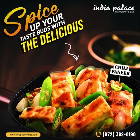 Does your family looking for Chili Paneer in Dallas? Enjoy our fresh and hot cheese sautéed with hot chili peppers and onions. 👉 Call us at 📲 (972) 392-0190 👉 Order online via Grubhub, UberEats, or DoorDash 👉 Come to 📌 12817 Preston Road, #105 Dallas, Texas 75230. Chili Paneer, India Palace, Hot Cheese, Restaurant Poster, Food Art Photography, Tea Snacks, Food Advertising, Food Graphic Design, Restaurant Menu Design