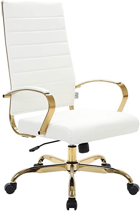 LeisureMod Benmar Modern High-Back Adjustable Swivel Leather Office Chair with Gold Frame (White) White And Gold Office, Gold Home Office, Gold Office Chair, Contemporary Office Space, Gold Office, Office Desk Chairs, Digital Wall Clock, High Back Office Chair, Contemporary Office