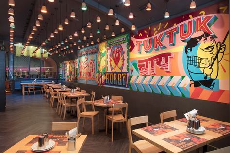 Dhaba Interior, Indian Restaurant Interior, Indian Restaurant Interior Design, Street Food Restaurant, Mexican Restaurant Decor, Murals Graffiti, Bar Design Awards, Indian Interiors, Buddha Wall Art