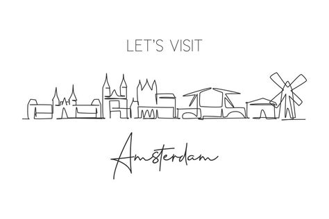 Skyline Tattoo, Amsterdam Skyline, Skyline Drawing, Amsterdam Tattoo, Best Holiday Destinations, City Tattoo, Skyline Silhouette, City Vector, Single Line Drawing