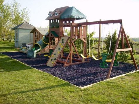 Playground Landscaping, Backyard Playset, Kids Backyard Playground, Play Area Backyard, Backyard Kids Play Area, Backyard Swings, Cheap Backyard, Wooden Swing, Kids Outdoor Play